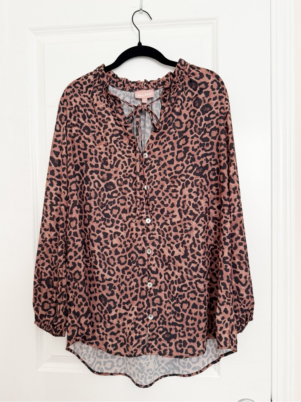 Show Me Your MuMu Leopard Print Tie-Neck Button Down Shirt